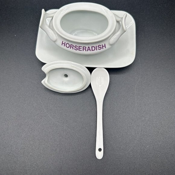White Porcelain Horseradish Covered Serving Dish Attached Under Plate & Spoon - Picture 3 of 8
